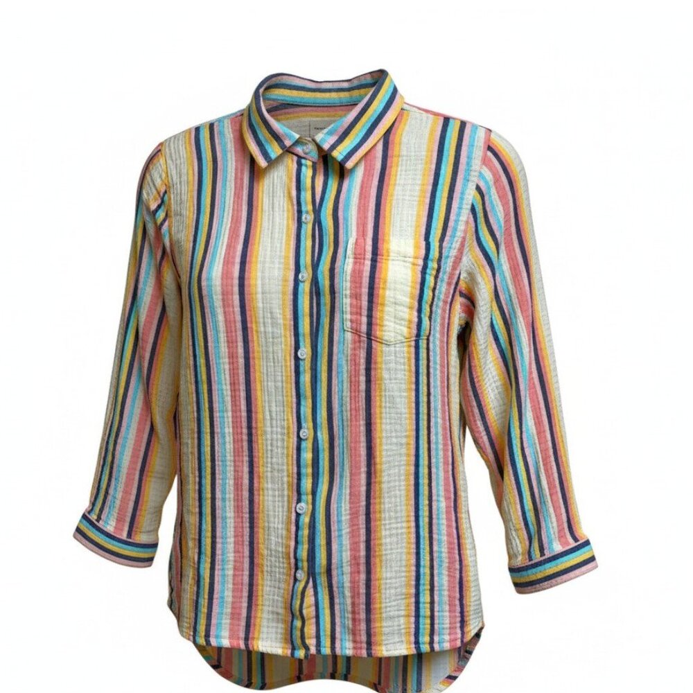 Thread & Supply Linda Multicolor Striped Gauze Cotton Button Down‎ Shirt